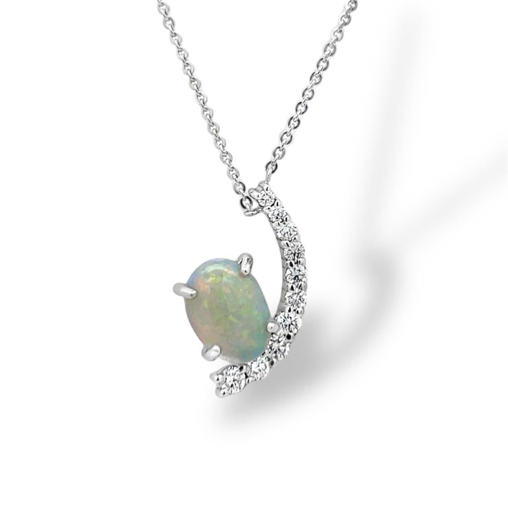 14Kt White Gold Opal And Diamond Curve Necklace
