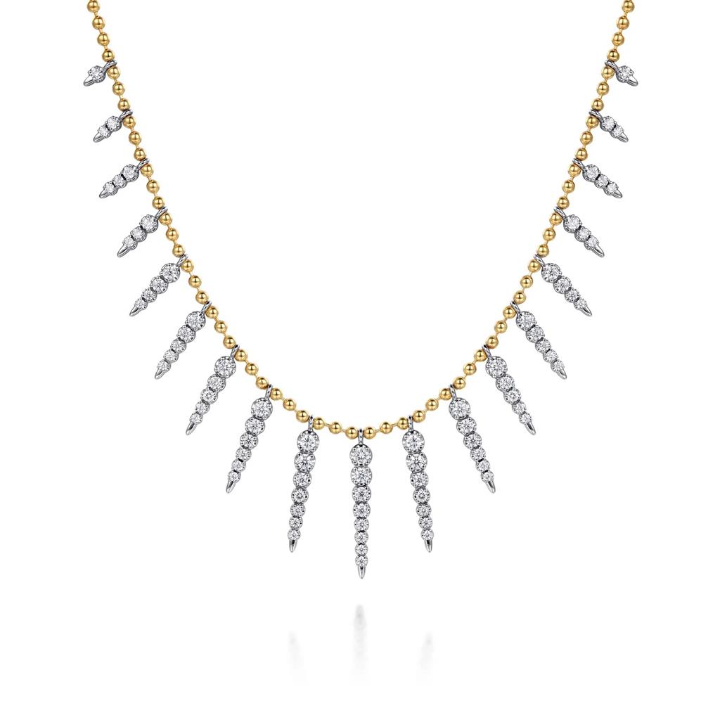 14K White Yellow Gold Bead Chain Bujukan Punk and Diamond Spike Droplet Necklace