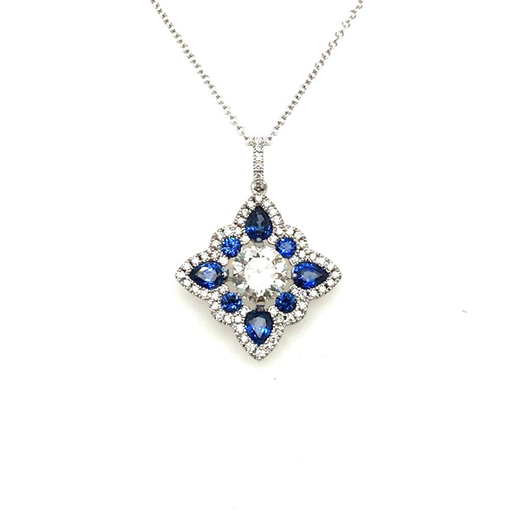 14K White Gold Diamond & Sapphire Floral Pendant Necklace