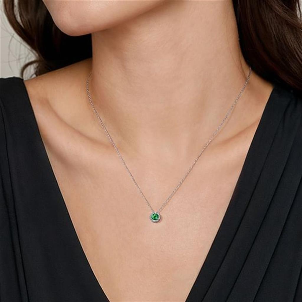 14K White Gold Emerald and Diamond Halo Pendant Necklace