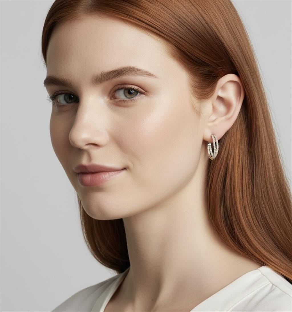 18K Two-Tone Oval Crossover Diamond Hoop Earrings