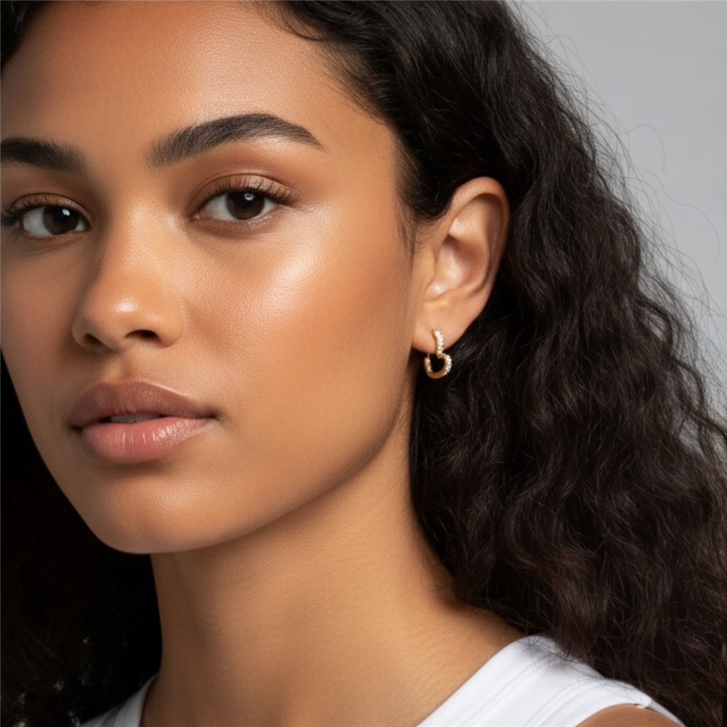 18K Yellow Gold Diamond Heart Huggie Hoop Earrings