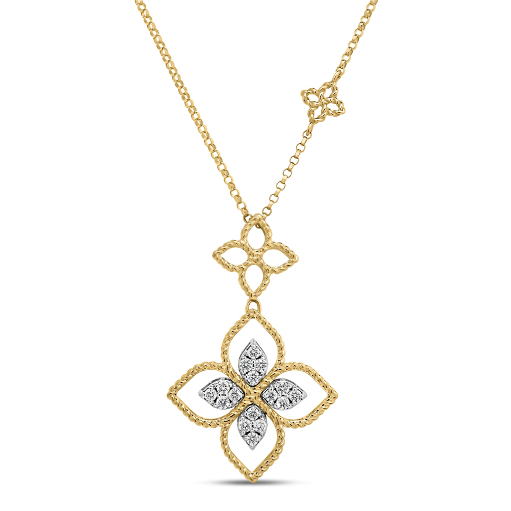 18kt Two-Tone Princess Flower Pave Diamond Double Flower Necklace