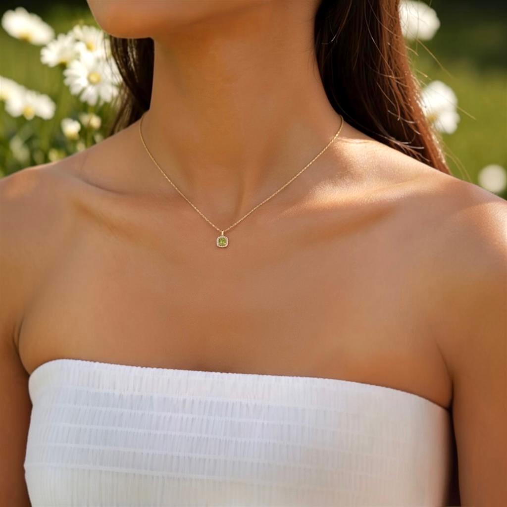 14K Yellow Gold Cushion Halo Peridot Pendant