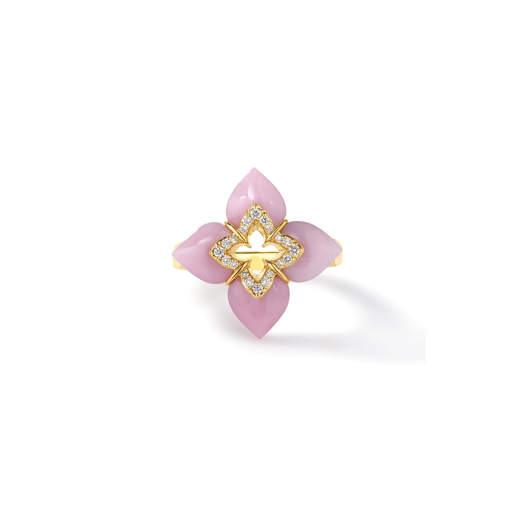 18kt Yellow Gold Roberto Coin Venetian Princess Pink Opal & Diamond Flower Ring – Size 6.5