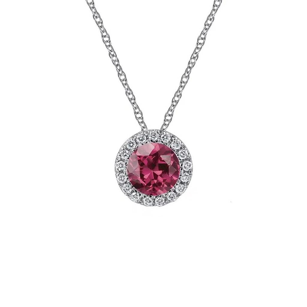 14kt White Gold Pink Tourmaline & Diamond Halo Pendant Necklace
