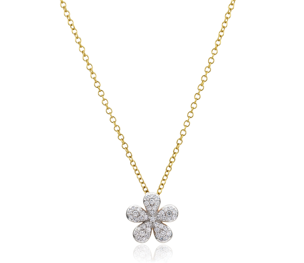 14K Yellow Gold Diamond Forget-Me-Not Flower Necklace