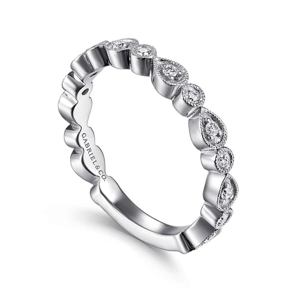 14 Kt White Gold Pear and Round Diamond Stackable Ring back view