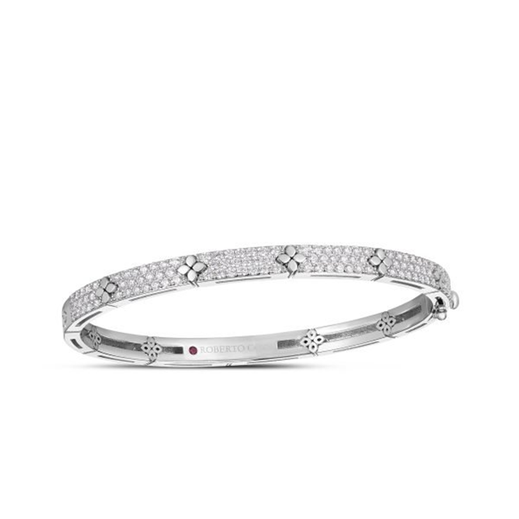 18K White Gold Love in Verona Pave Diamond & Polished Flower Narrow Bangle
