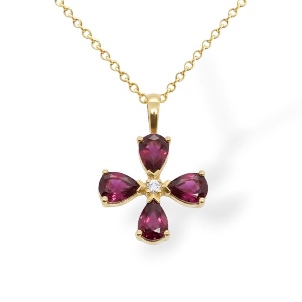 14Kt Yellow Gold Ruby And Diamond Flower Pendant