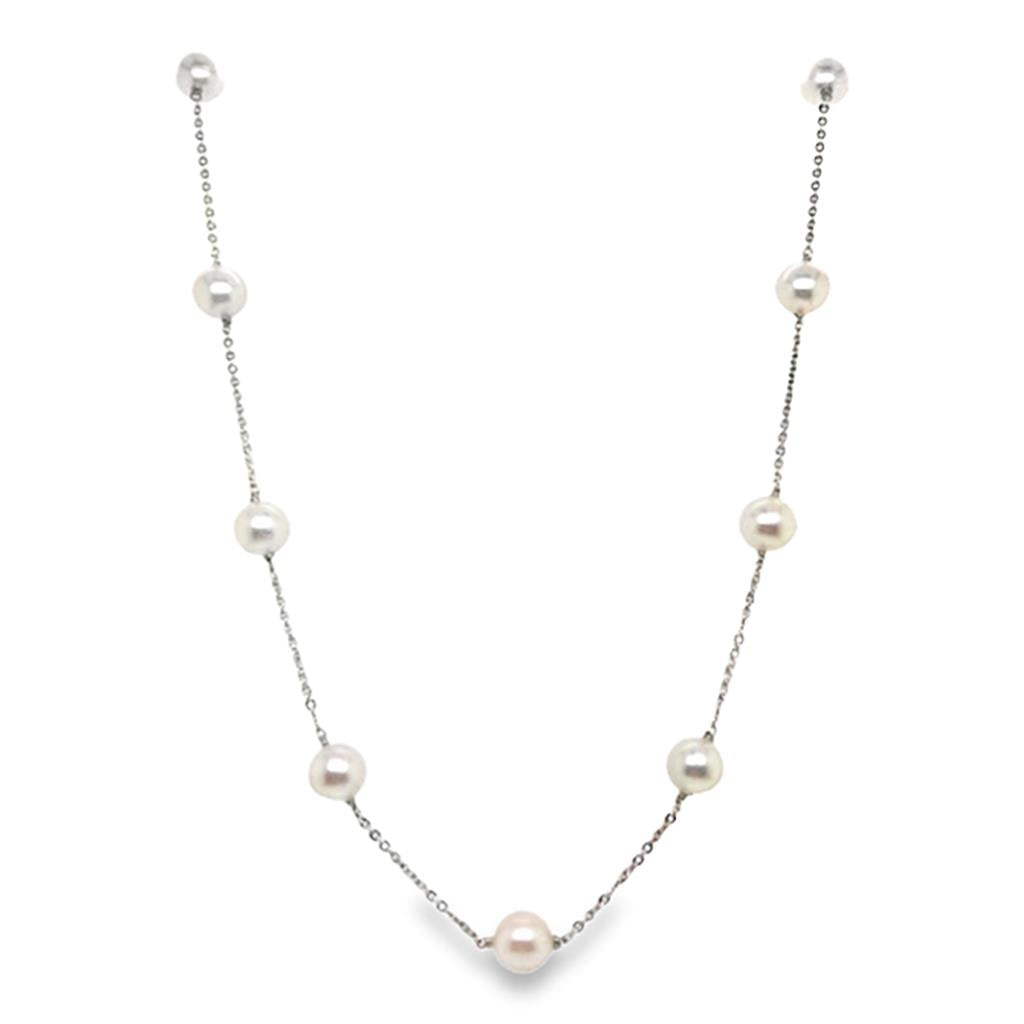 14K White Gold 9 Station Cultured Pearl Necklace