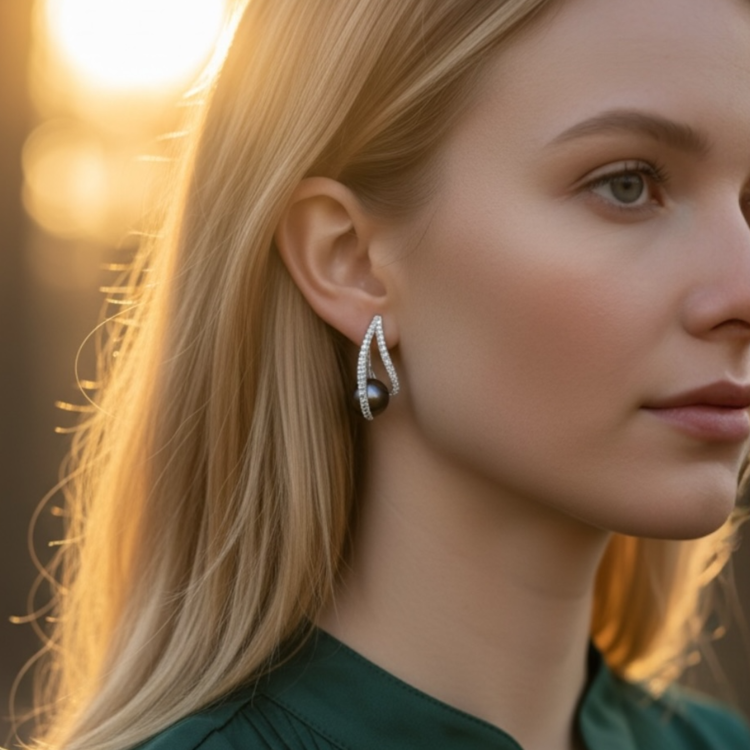 18KT White Gold Tahitian Pearl and Diamond Fancy Earrings