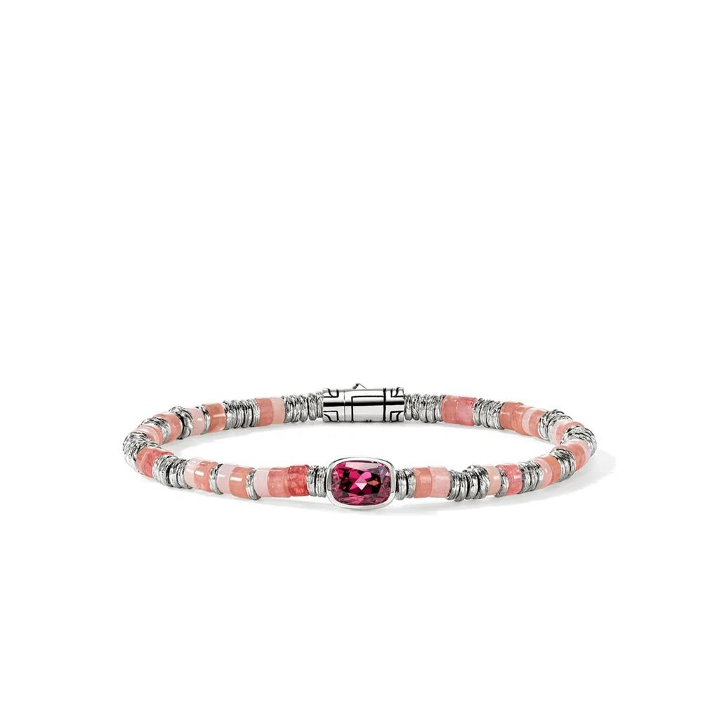 Sterling Silver 4mm Rhodolite Heishi Beaded Bracelet with Red Quartz, Rhodochrosite, Pink Opal & Sterling Silver Beads – Size UM