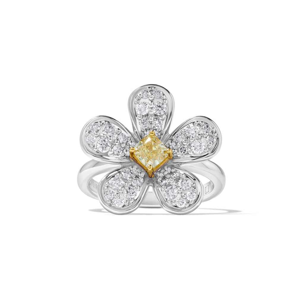 18kt Two-Tone White & Yellow Gold Diamond Pavé Flower Ring
