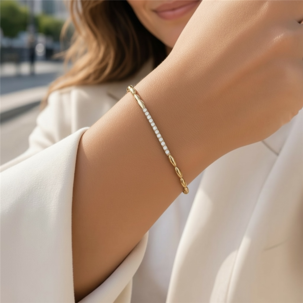 14KT Yellow Gold Diamond And Bead Tennis Bracelet