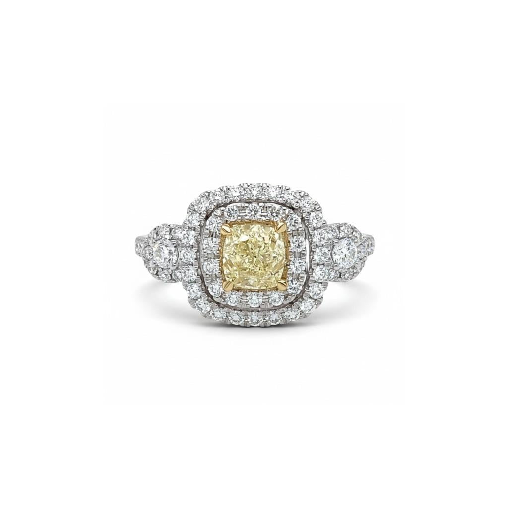 18K Two-Tone Yellow Diamond Double Halo Three Stone Engagement Ring | 1.39ct
