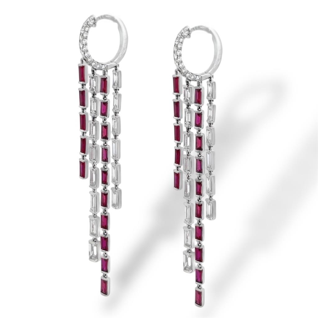 18 Kt White Gold Ruby & Diamond Baguette Dangle Earrings