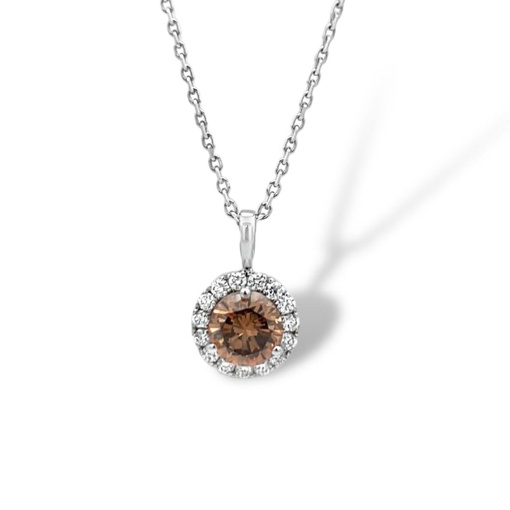 14 Kt White Gold Round Halo Cognac Diamond Pendant