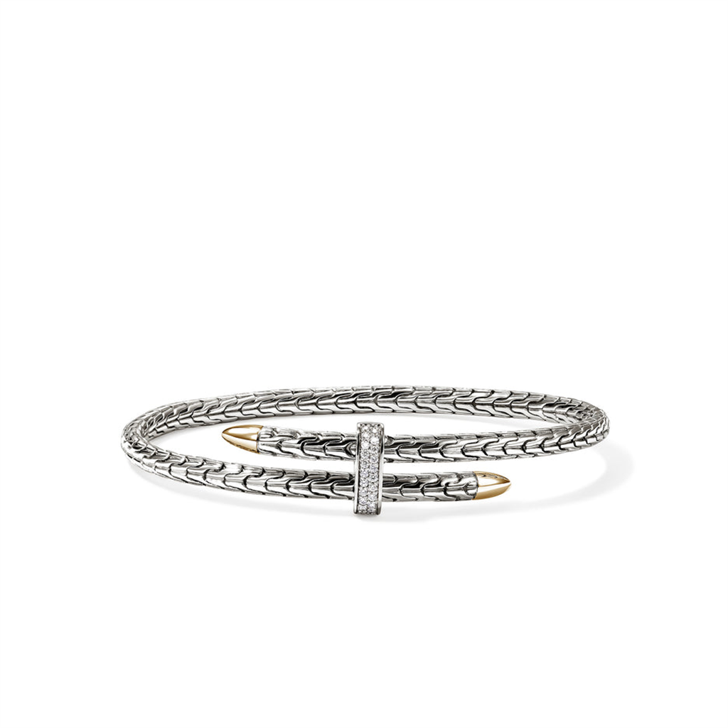 14Kt Yellow Gold & Sterling Silver Spear Bypass Diamond Flex Cuff