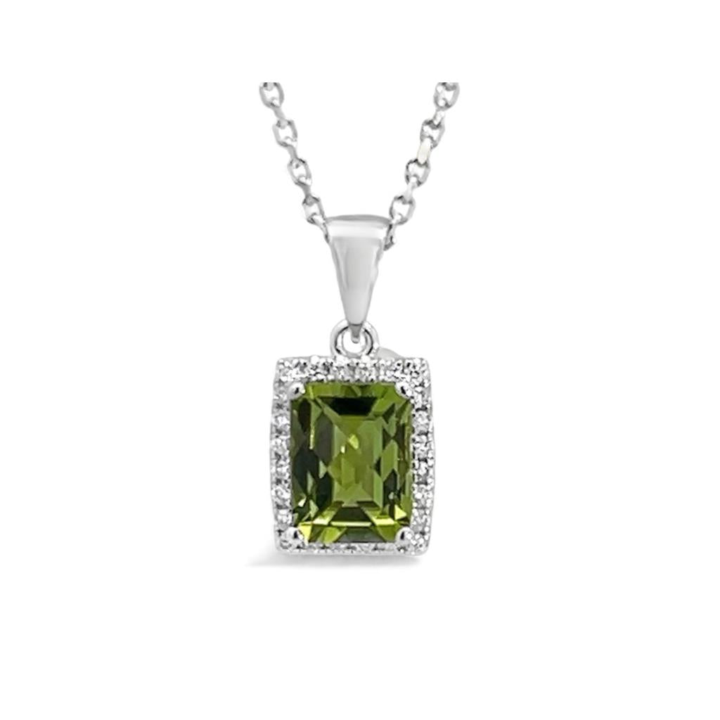 14 Kt White Gold Peridot and Diamond Rectangular Halo Pendant