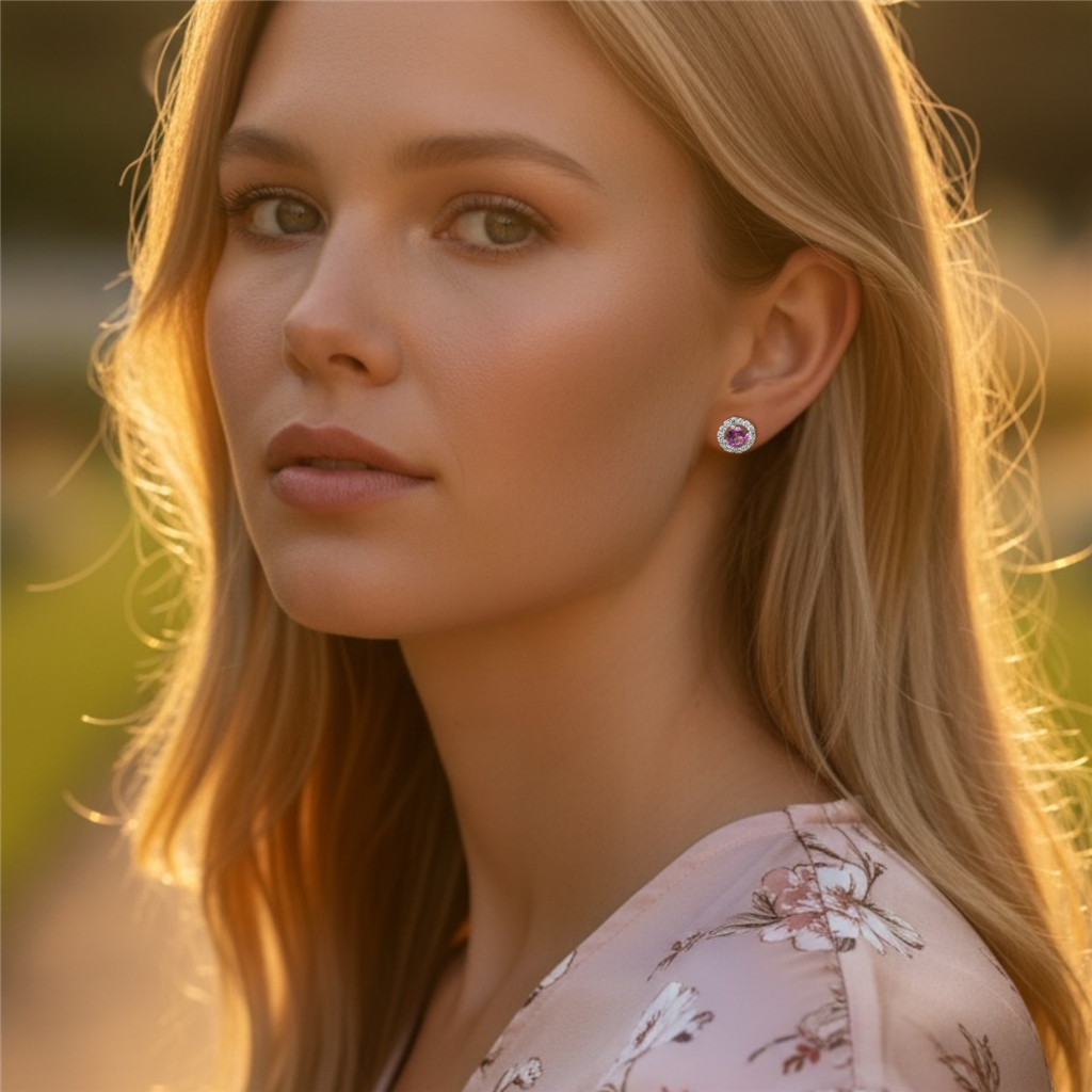 14 Kt White Gold Pink Garnet & Diamond Halo Stud Earrings