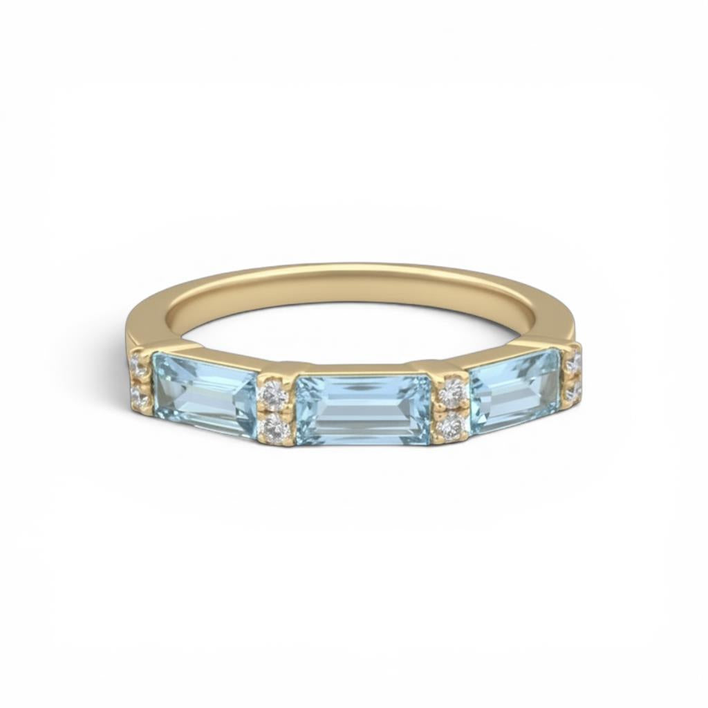 14K Yellow Gold Baguette Swiss Blue Topaz & Diamond 3-Stone Ring | 1.50 CTW