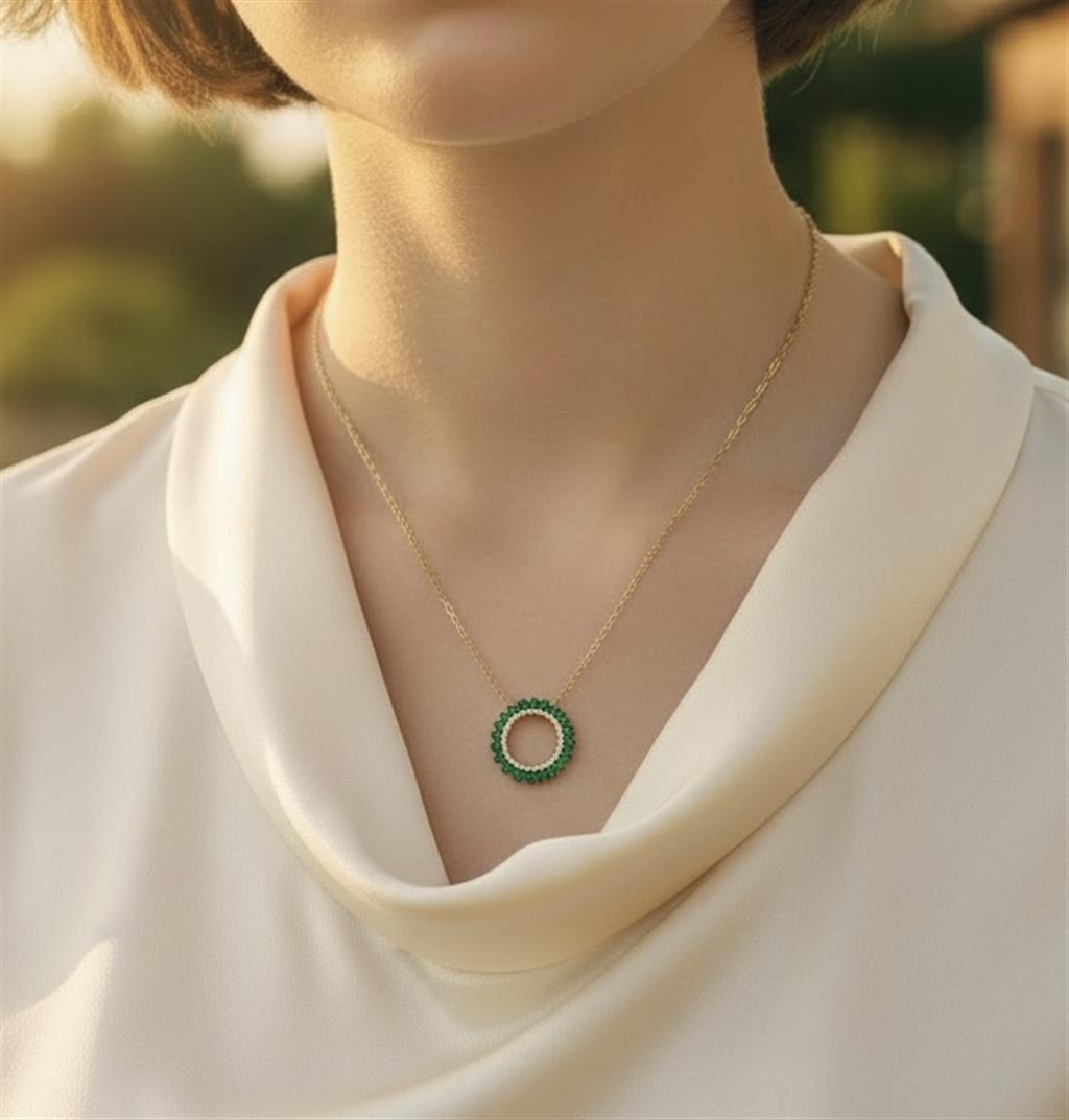 14K Yellow Gold Emerald & Diamond Circle Pendant Necklace