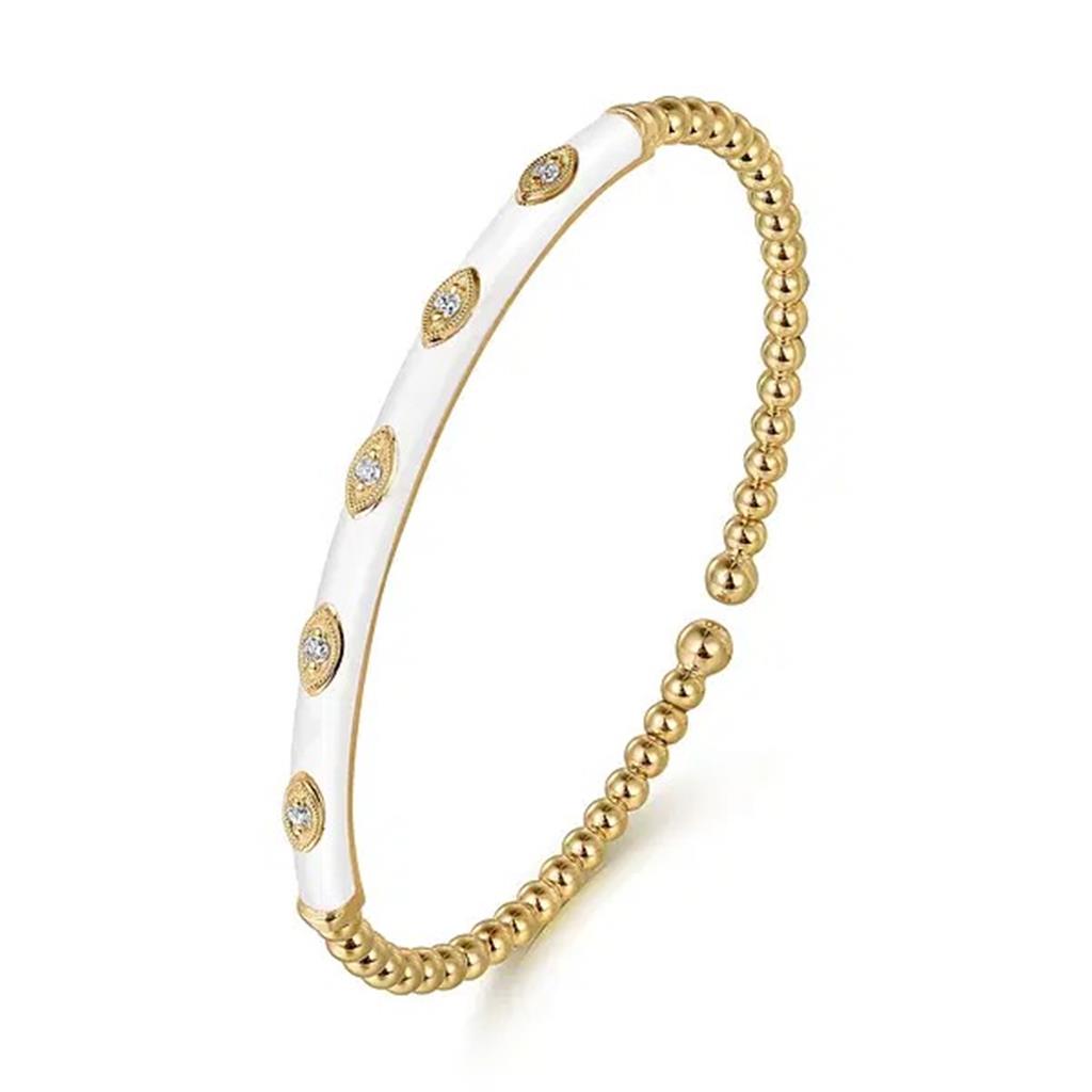 14K Yellow Gold Bujukan Beads and Diamond Split Bangle with White Enamel