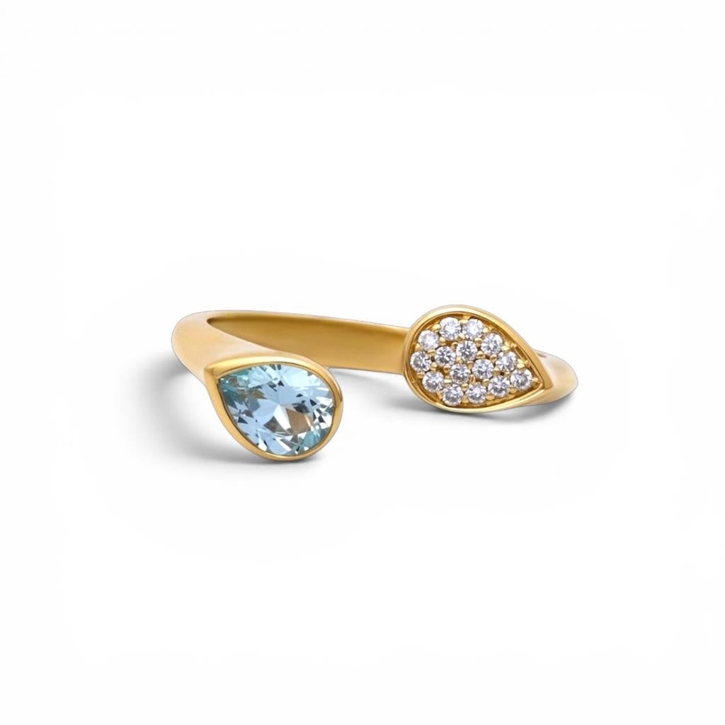 14K Yellow Gold Pear Aquamarine & Diamond Two-Stone Cuff Ring | 0.69 CTW