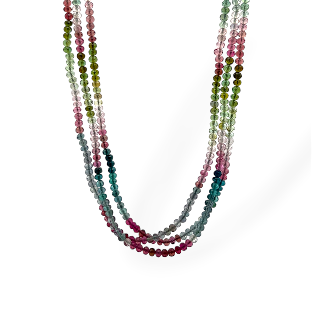 14K White Gold Triple Strand Multi-Color Tourmaline Bead Necklace
