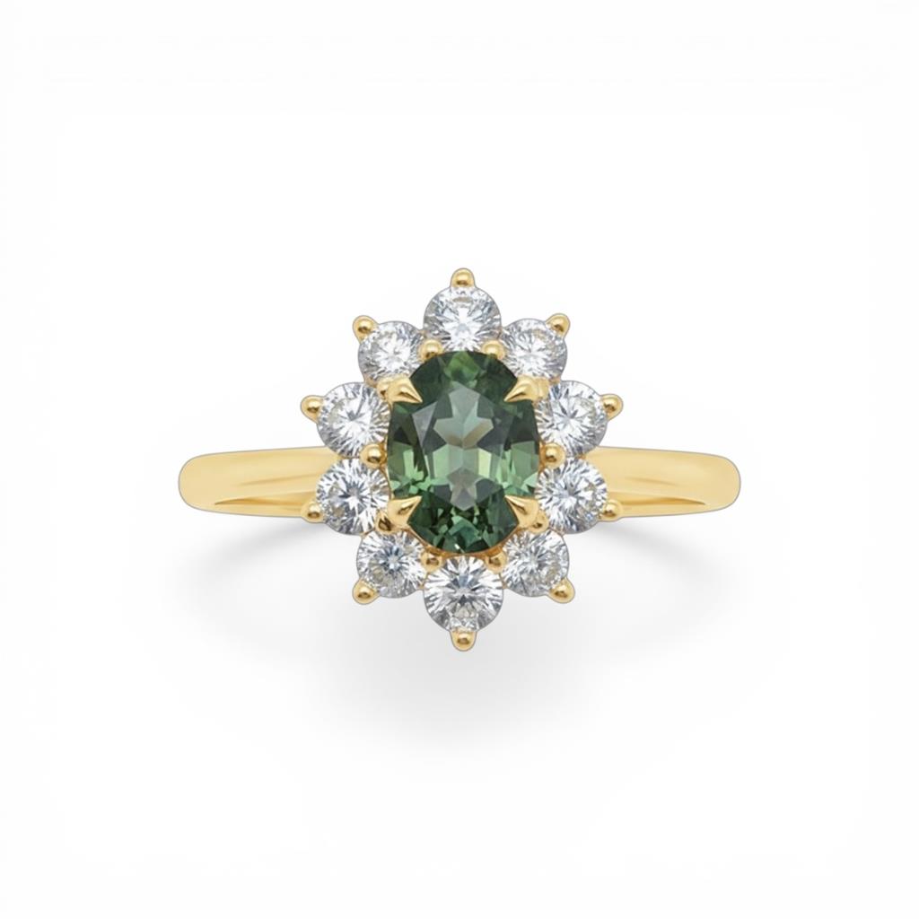 18kt Yellow Gold Green Sapphire & Diamond Oval Halo Fashion Ring