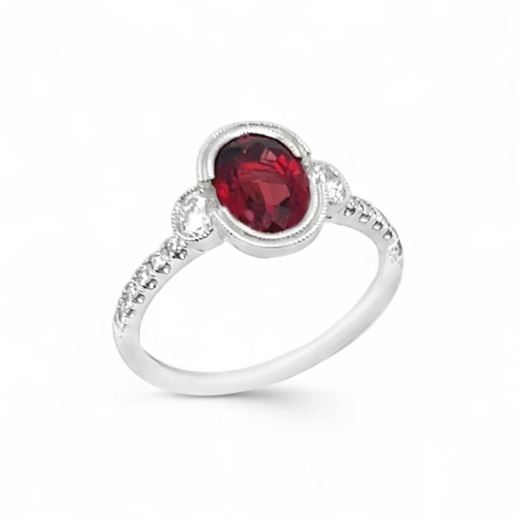 14Kt White Gold Oval Spinel & Diamond Milgrain Edge Fashion Ring