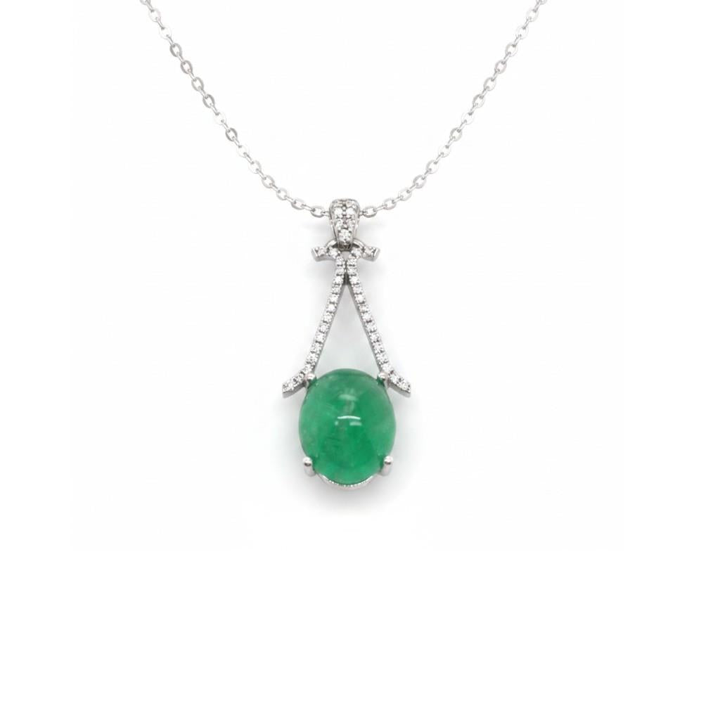 Platinum Custom Cabochon Emerald & Diamond Pendant – 7.57ctw