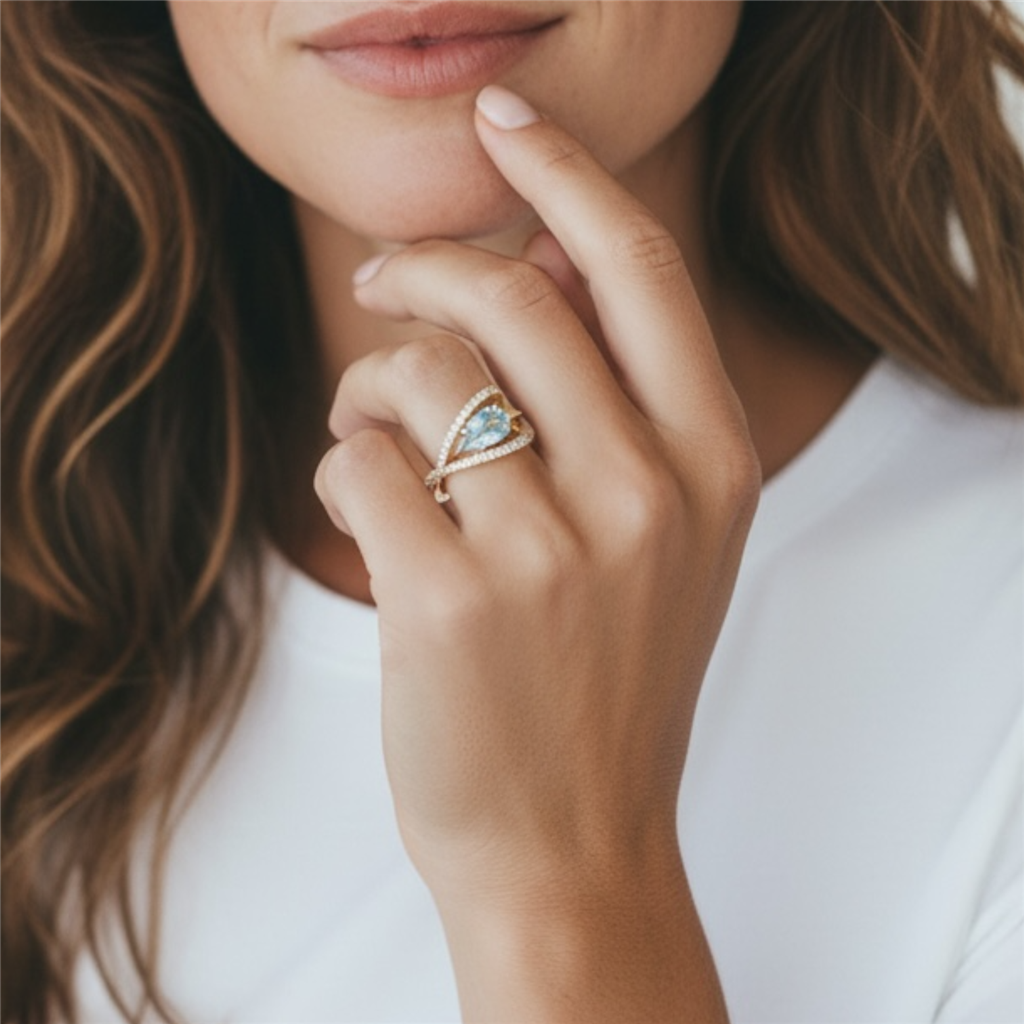 14K Yellow Gold Pear Aquamarine & Diamond Open Space Ring | 1.66 CTW