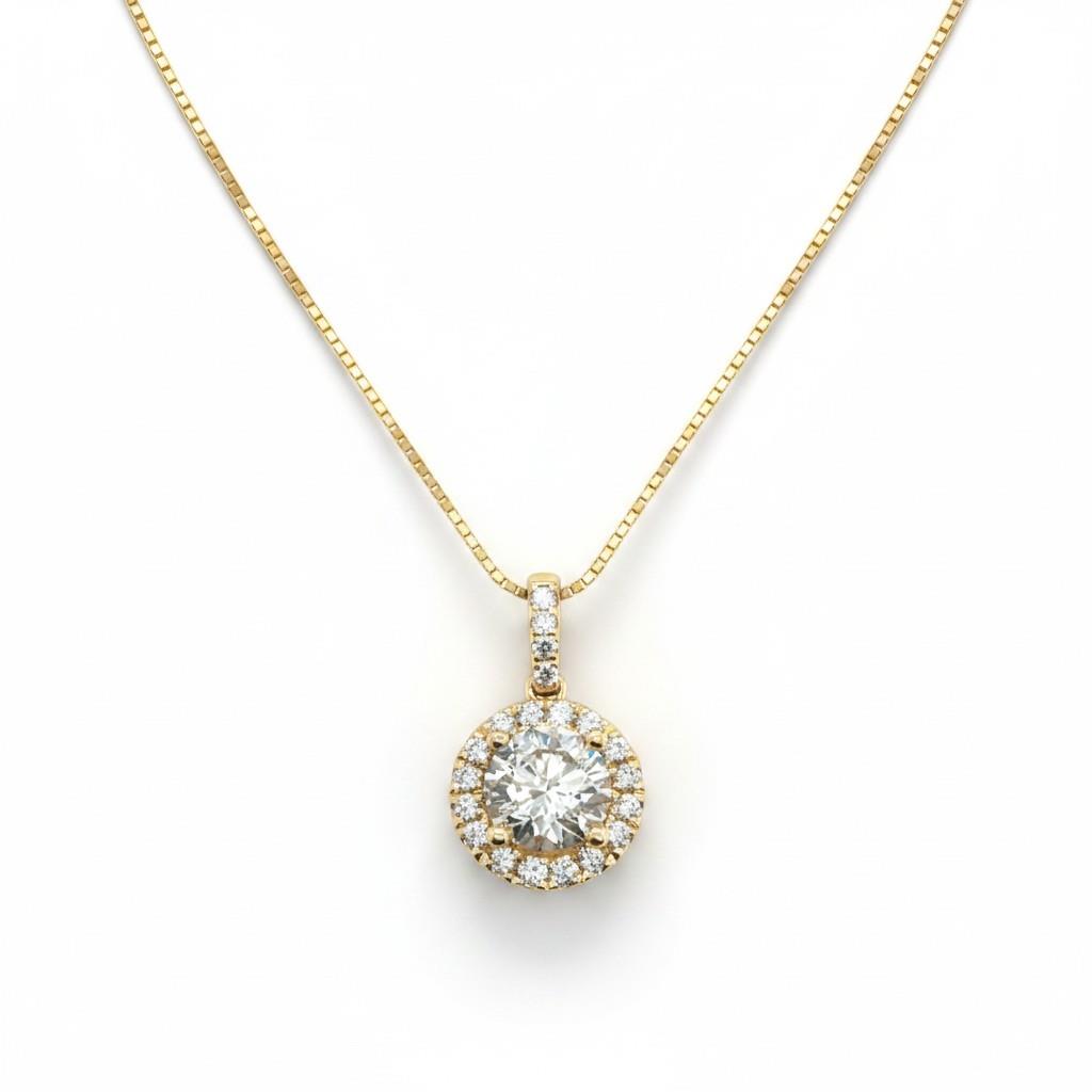 18K Yellow Gold Round Diamond Halo Pendant