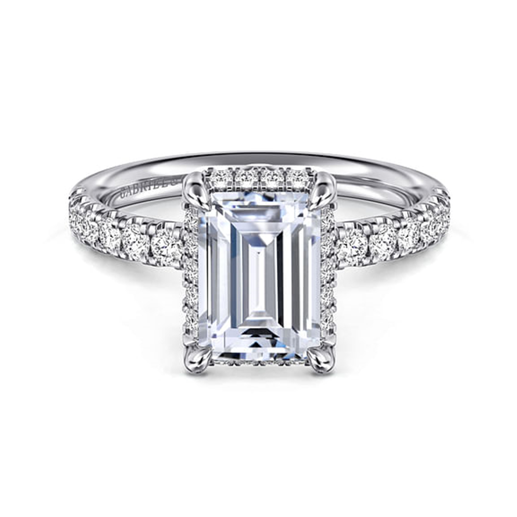 14KT White Gold Emerald Cut Hidden Halo Diamond Engagement Ring