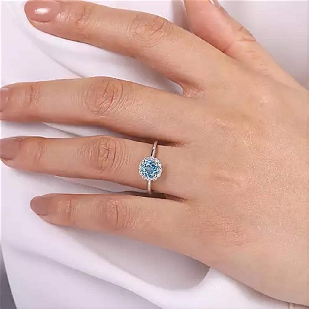 14K White Gold Round Blue Topaz And Diamond Halo Ring