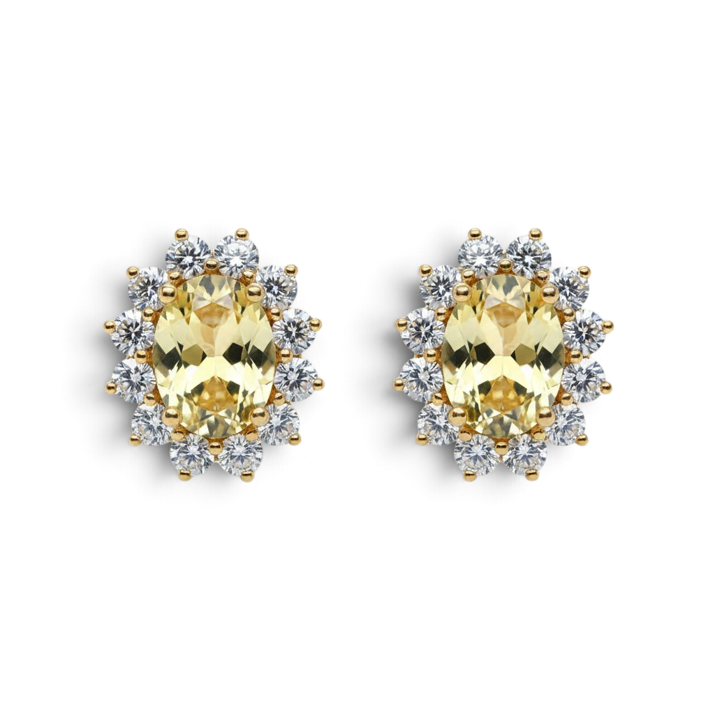 18KT Yellow Gold Yellow Sapphire & Diamond Oval Halo Stud Earrings