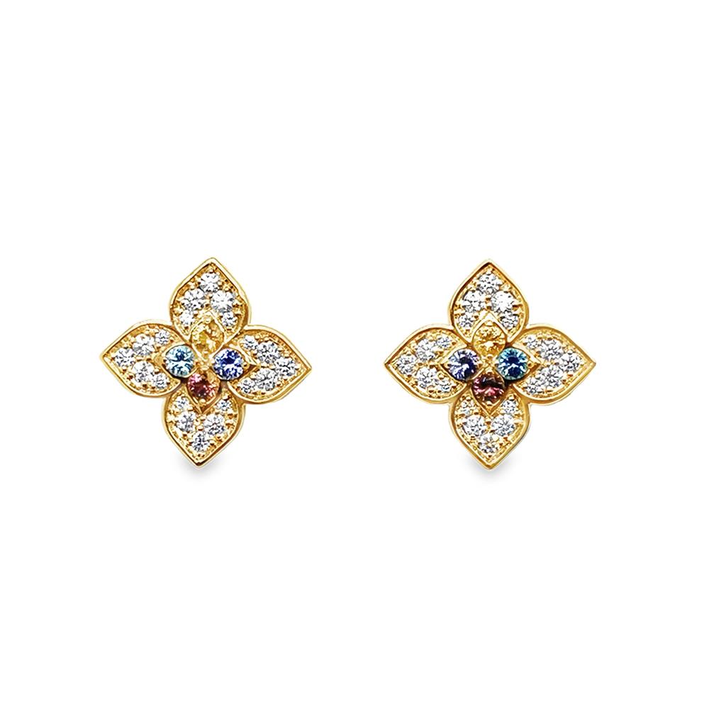 18KT Yellow Gold Carnival Diamond & Colored Stone Flower Earrings