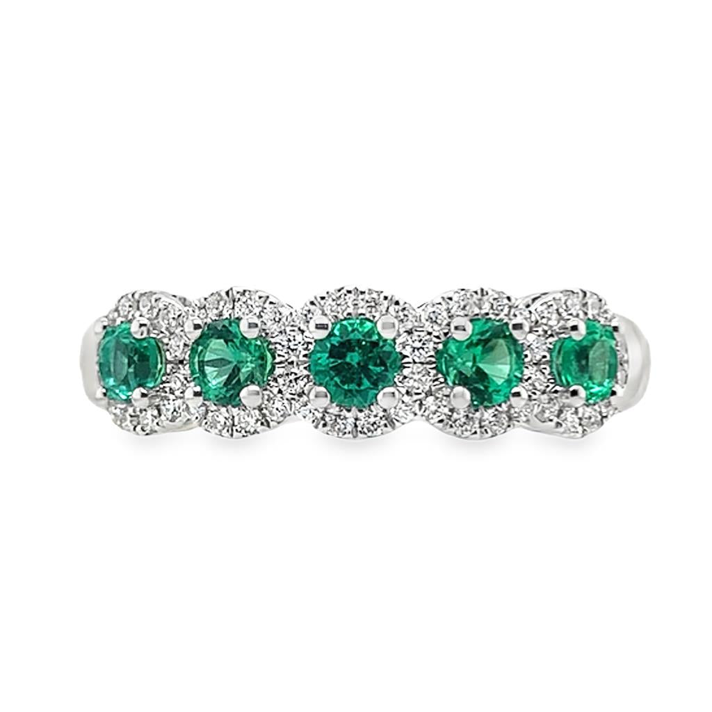 14 Kt White Gold 5-Stone Emerald & Diamond Halo Ring