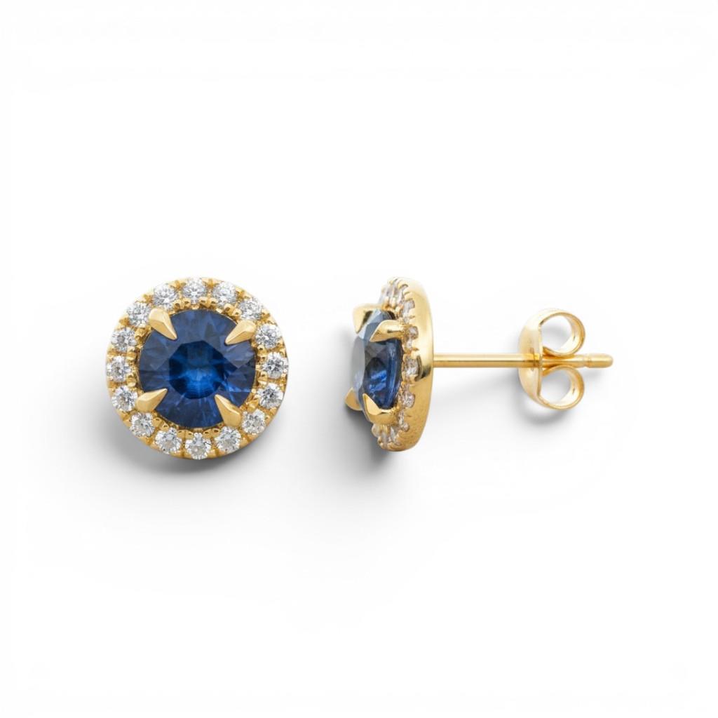14KT Yellow Gold Sapphire & Diamond Halo Stud Earrings – 1.28ct