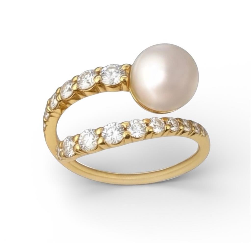 18KT Yellow Gold Diamond Bypass Pearl Ring
