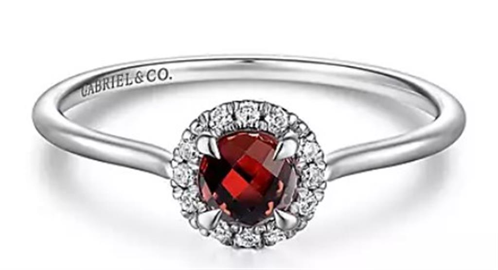 14KT White Gold Garnet and Diamond Halo Fashion Ring
