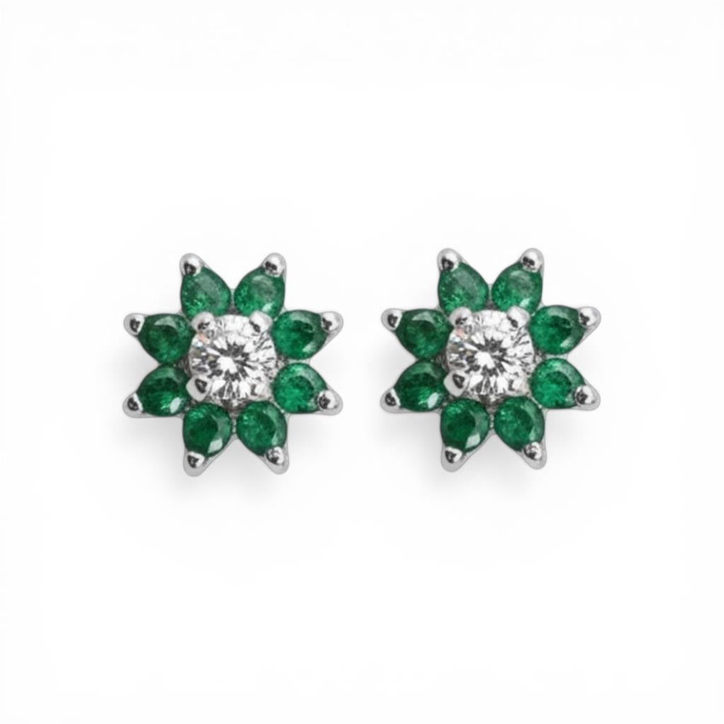 14KT White Gold Diamond And Emerald Flower Stud Earrings