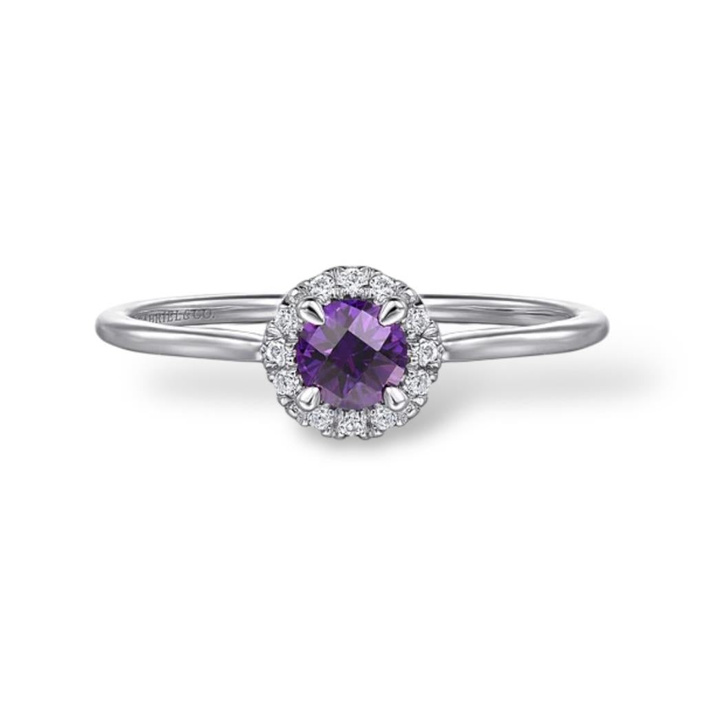 14KT White Gold Amethyst Diamond Round Halo Fashion Ring