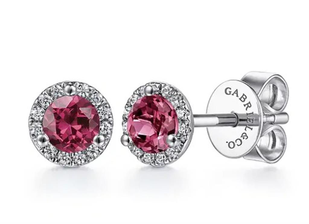 14kt White Gold Pink Tourmaline & Diamond Halo Stud Earrings