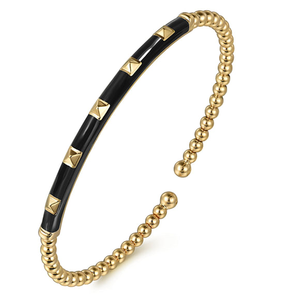14 Kt Yellow Gold Bujukan Beads and Pyramid Bangle with Black Enamel Bracelet