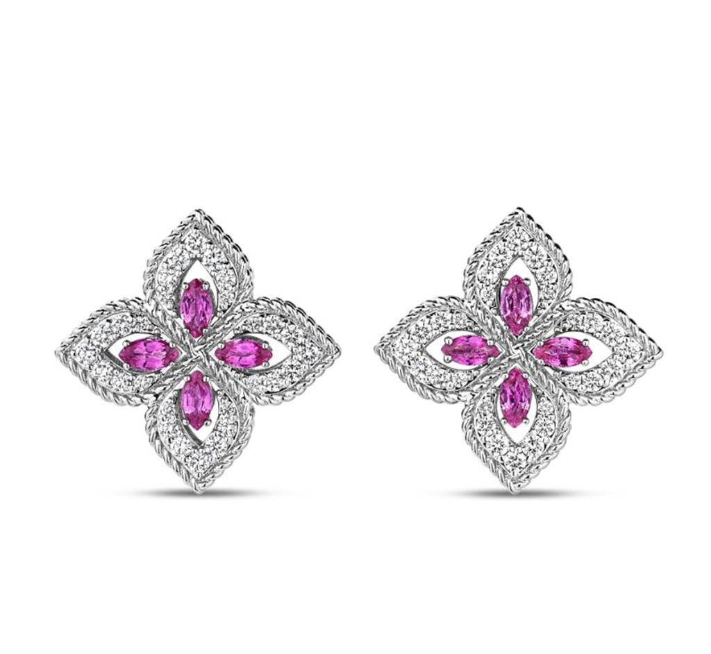 18kt White Gold Princess Flower Pavé Diamond & Pink Sapphire Stud Earrings