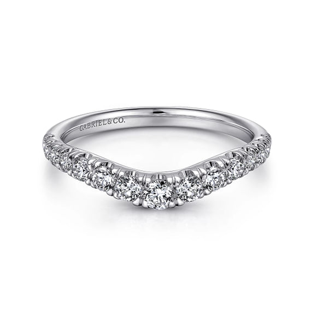 14K White Gold Curved Diamond Wedding Band