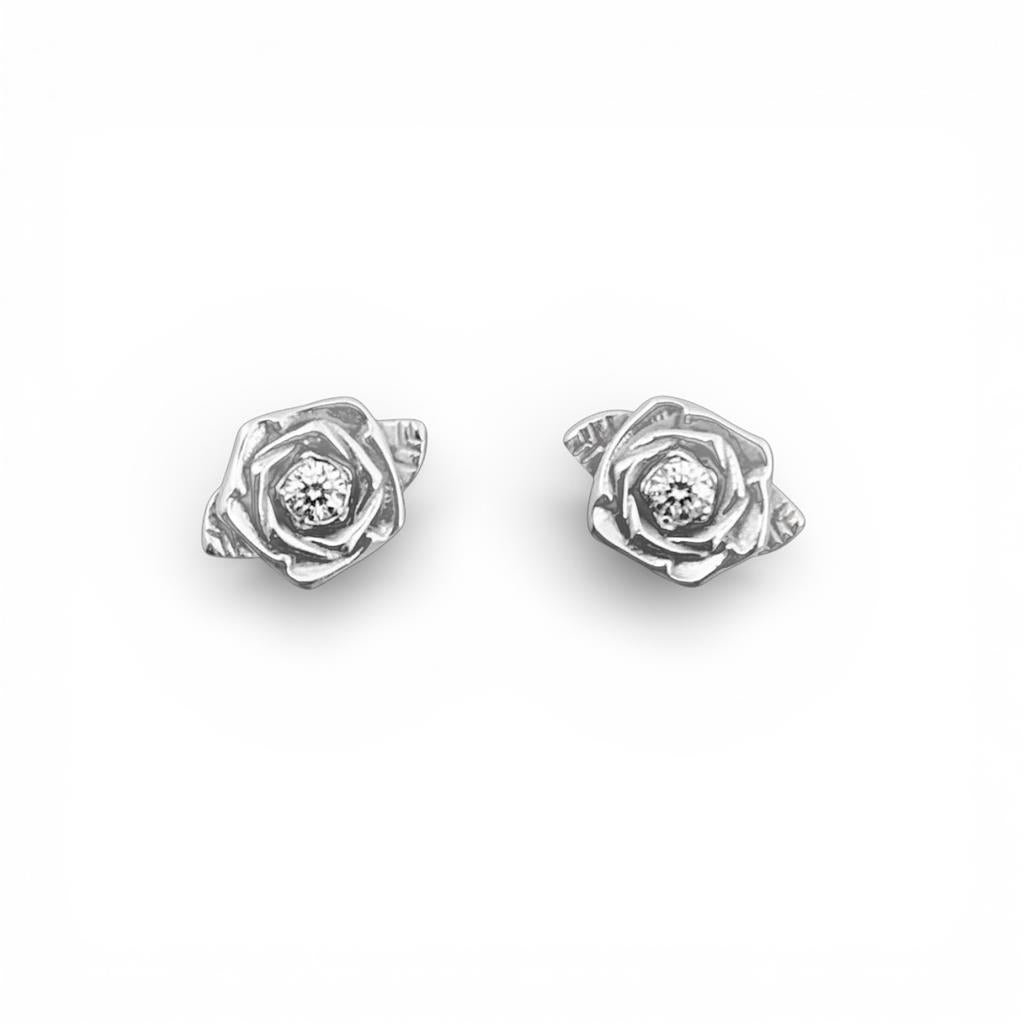 18KT & 14KT White Gold Rose & Diamond Stud Earrings